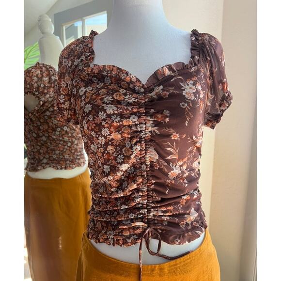 Women's Boho floral ruched puff sleeve crop top cottagecore peasant blouse Sz M - Picture 1 of 8